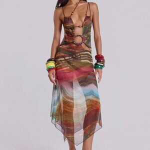 New NWT Jaded London Wooden Trim Midi Dress Kaia Style Sheer Size US 4